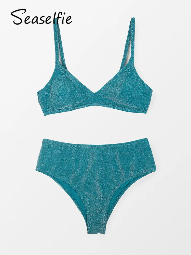 Shiny Blue High Waist Bikini Set