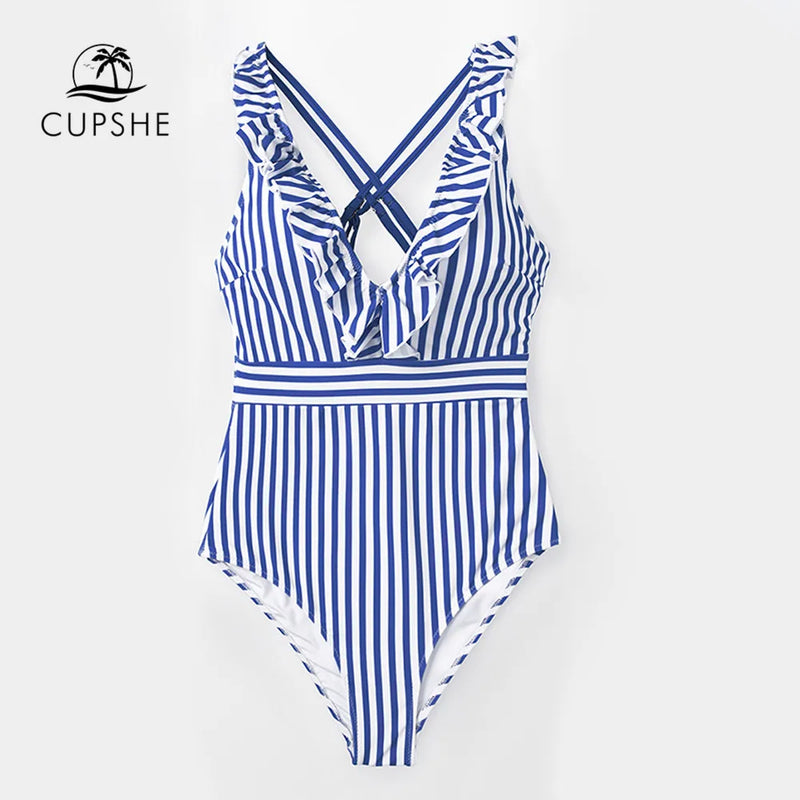 Blue White Striped Ruffled One-Piece Swimsuit