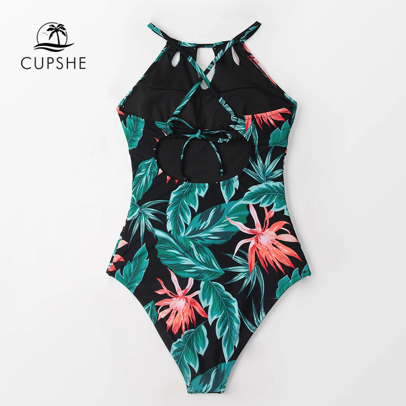 Green Floral Cutout Halter One-Piece Swimsuit