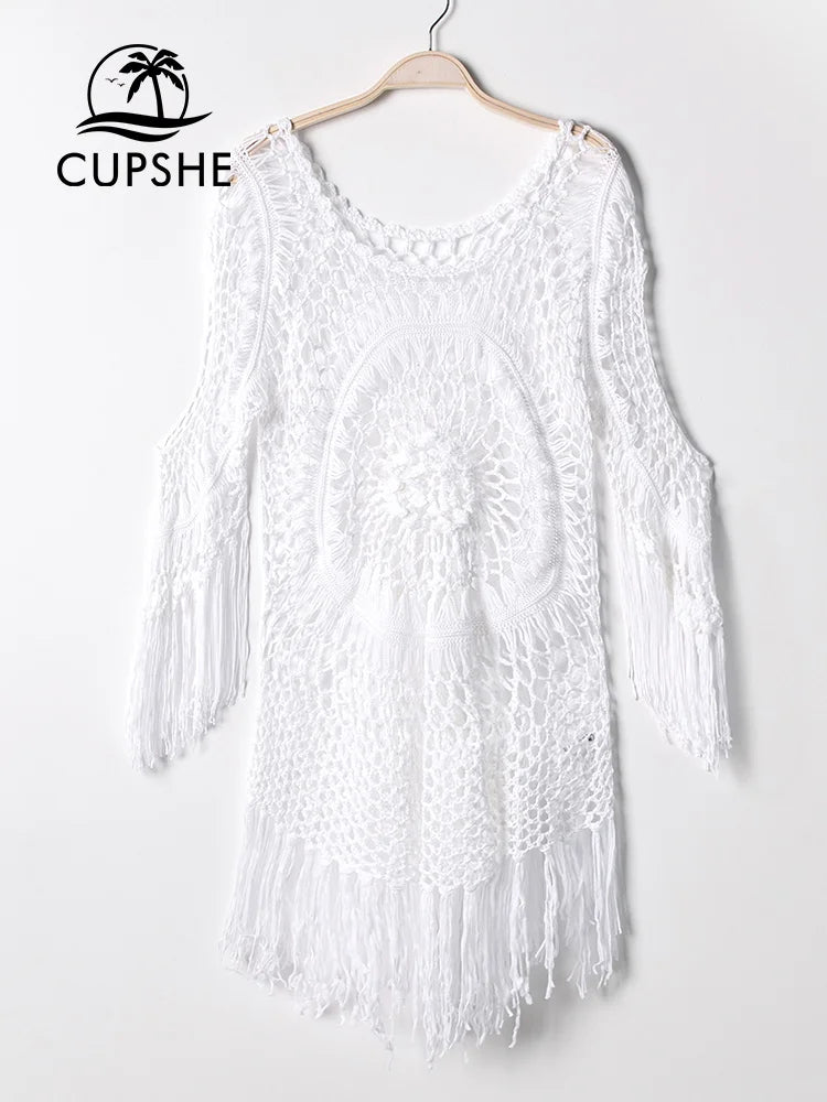 White Crochet Bikini Cover Up with Fringe Trim