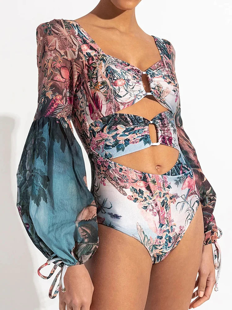 Retro Floral Long Sleeve One Piece