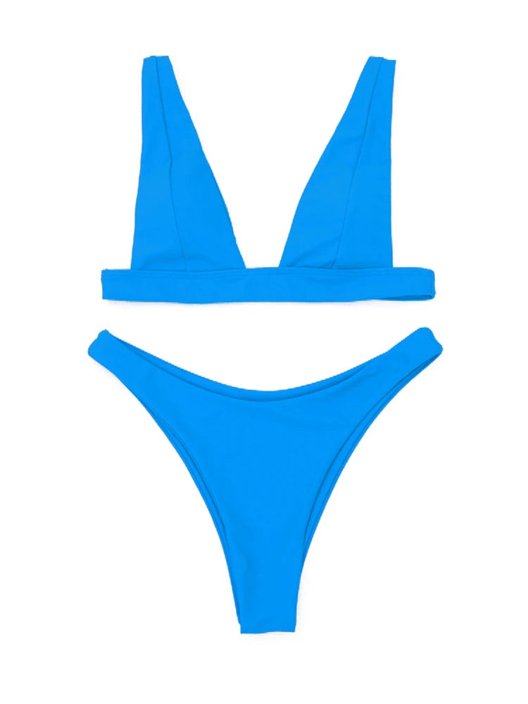 Solid V-neck Bikini Set